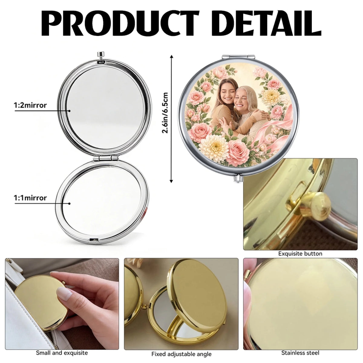 Compact mirror product details with magnifying mirror, size and clasp