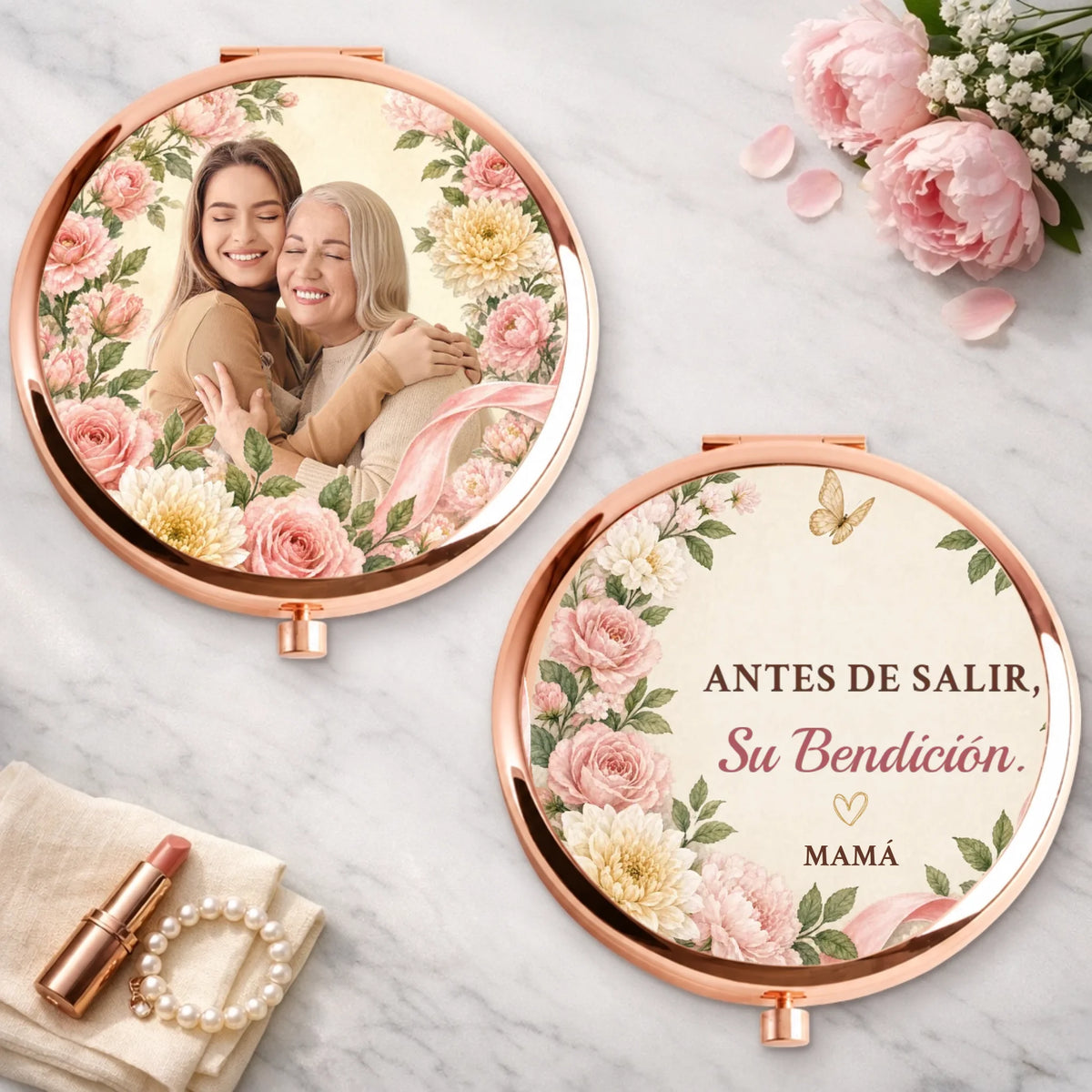 Personalized Spanish blessing compact mirror in rose gold with photo and quote