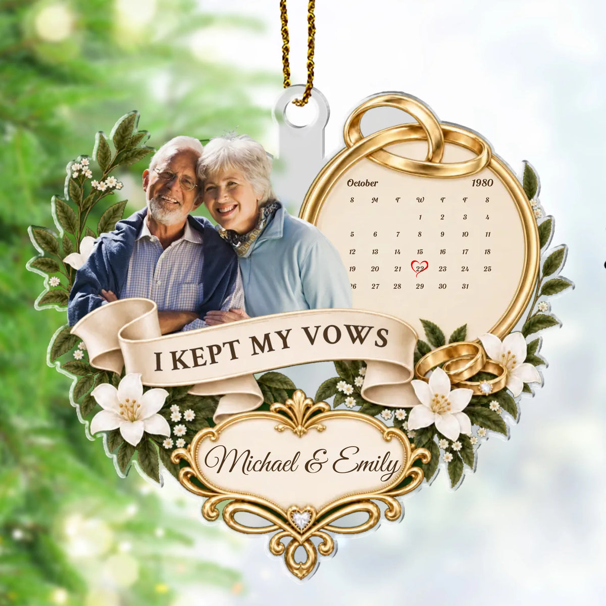 Personalized wedding anniversary memorial ornament with photo, calendar and gold rings