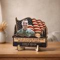 Veteran memorial wooden plaque on stand with name, branch and years