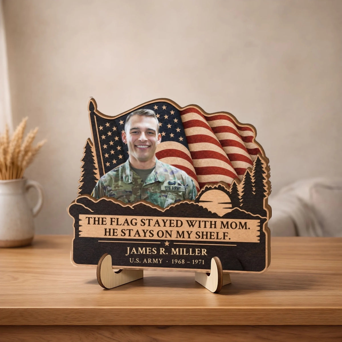 Veteran memorial wooden plaque on stand with name, branch and years