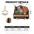 Veteran memorial plaque product details with wooden stand and size chart