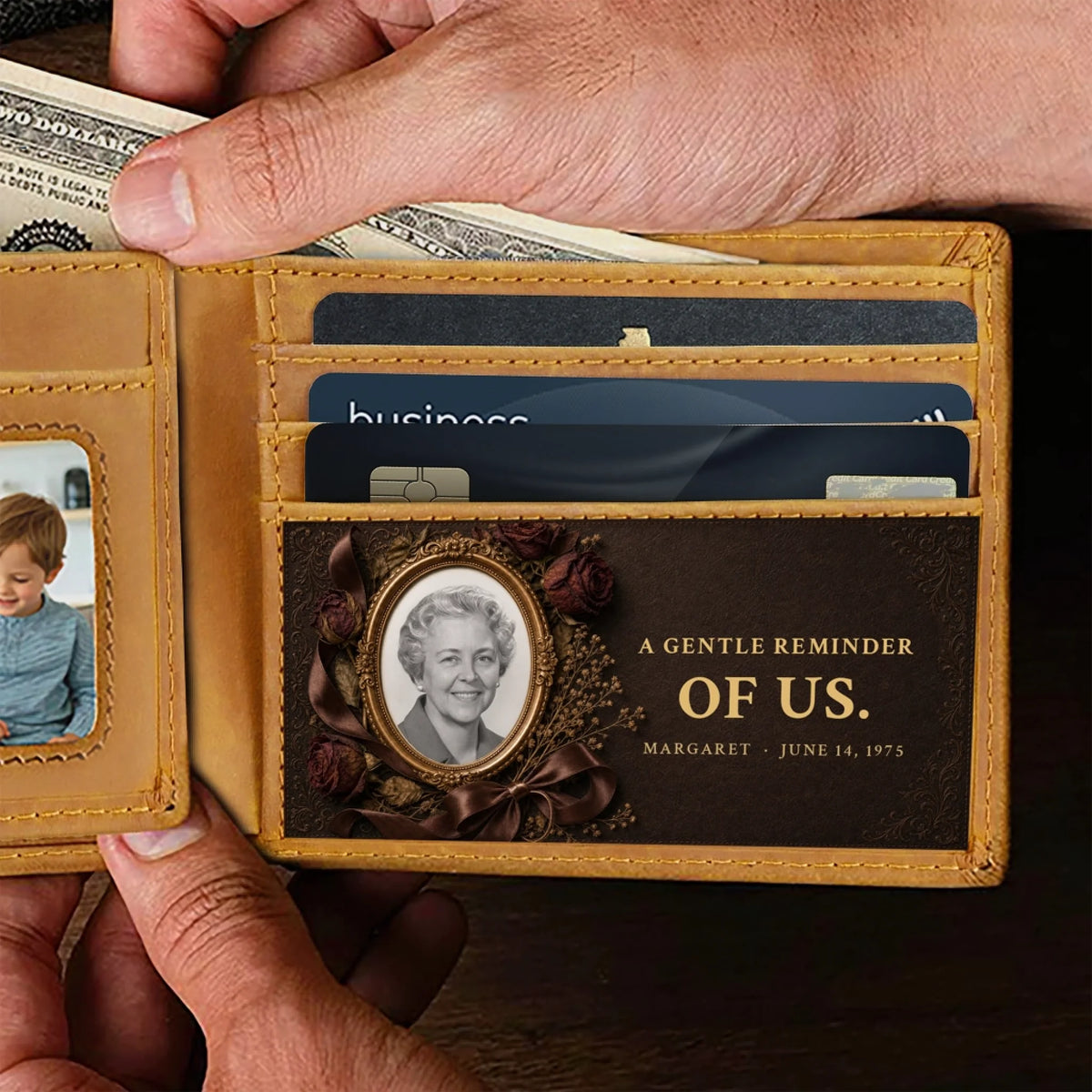 Hands opening memorial men's wallet showing photo panel and card slots