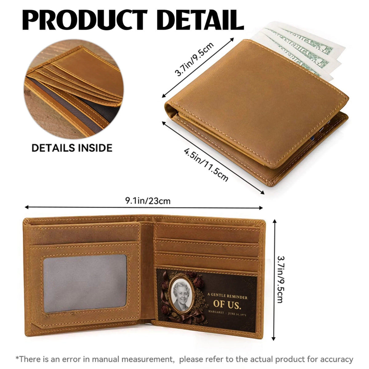 Memorial men's wallet product details with folded and open sizes