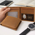 Brown bifold memorial wallet with her portrait and quote inside