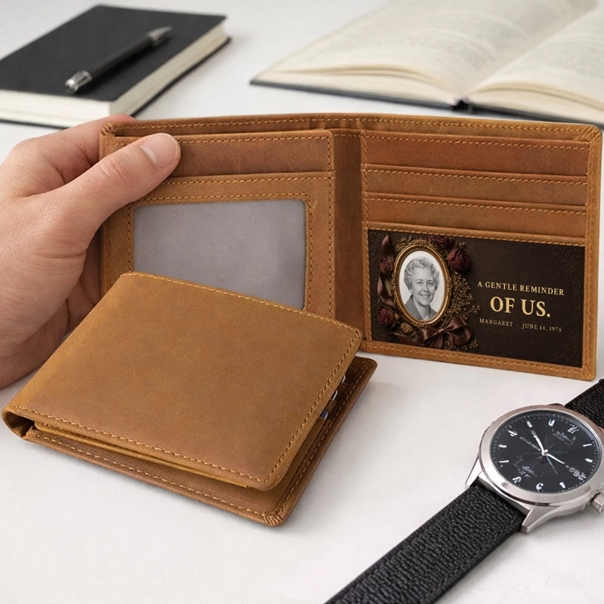 Brown bifold memorial wallet with her portrait and quote inside