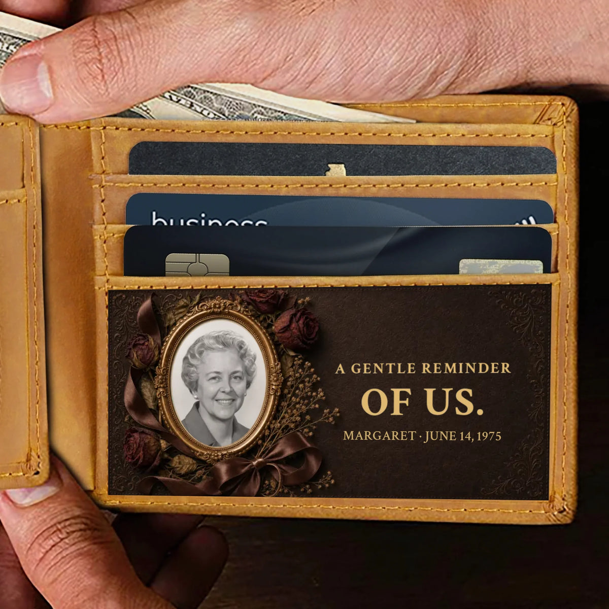 Personalized memorial men's wallet open with wife's photo printed inside