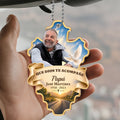 Hand holding Que Dios Te Acompañe dad memorial car hanger with dove