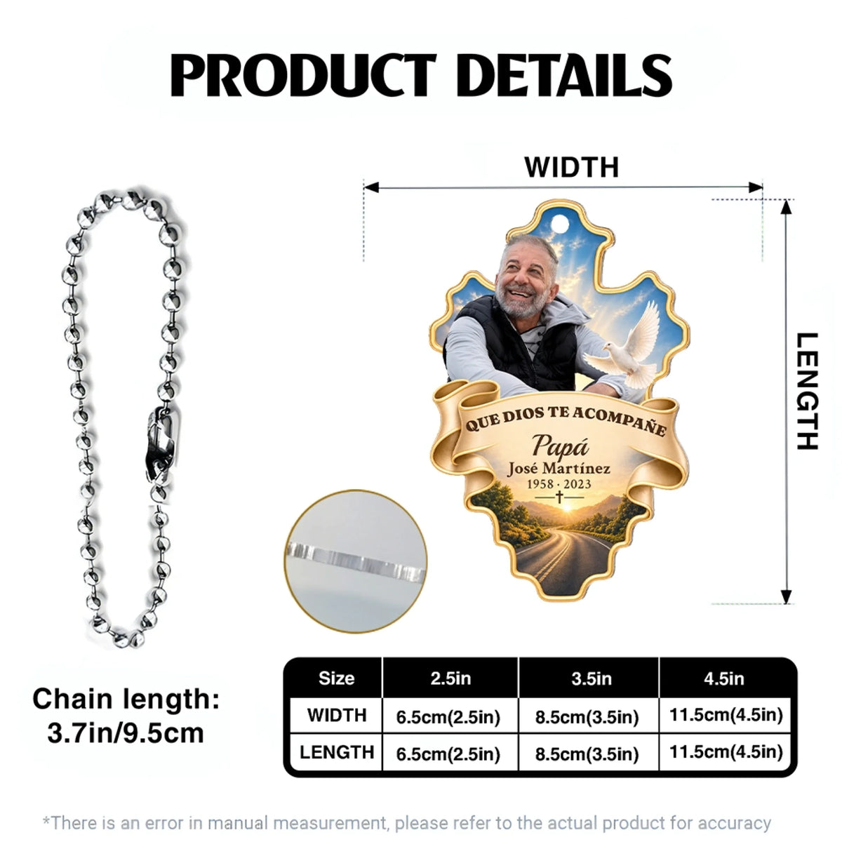 Size chart for dad memorial car hanger with ball chain length