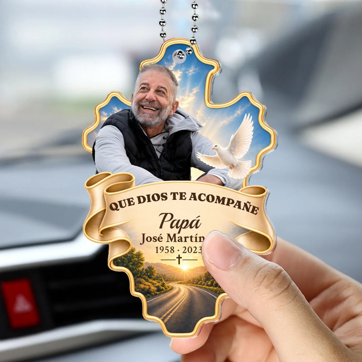 Dad memorial acrylic car hanger with photo, name and years in a car
