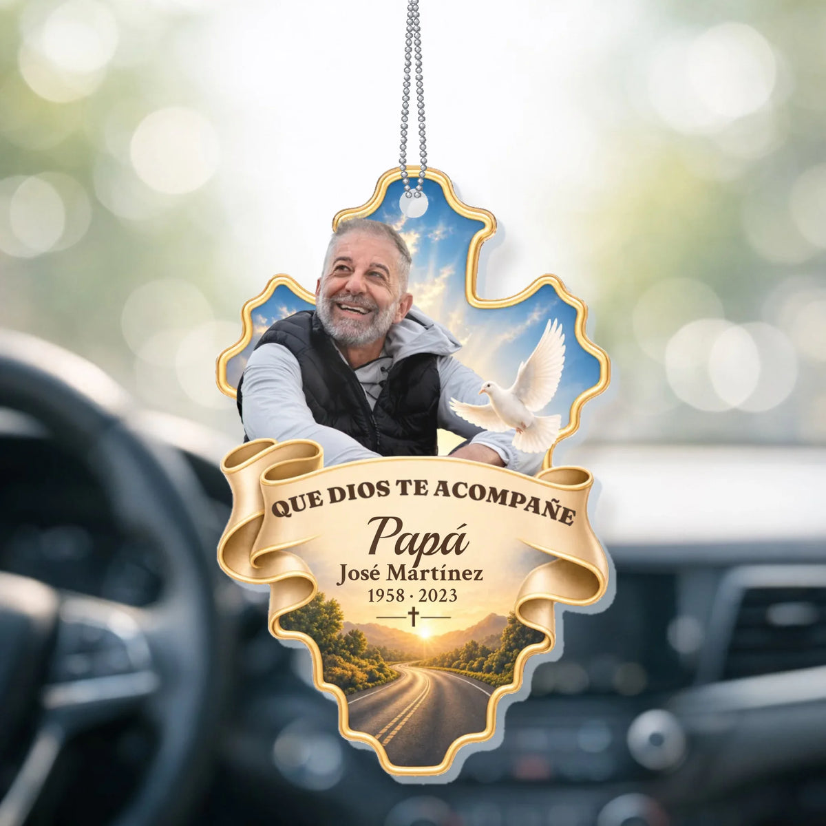 Personalized Spanish dad memorial car hanger with photo hanging from a mirror