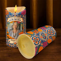 Memorial LED candle for mom shown with its battery compartment underneath
