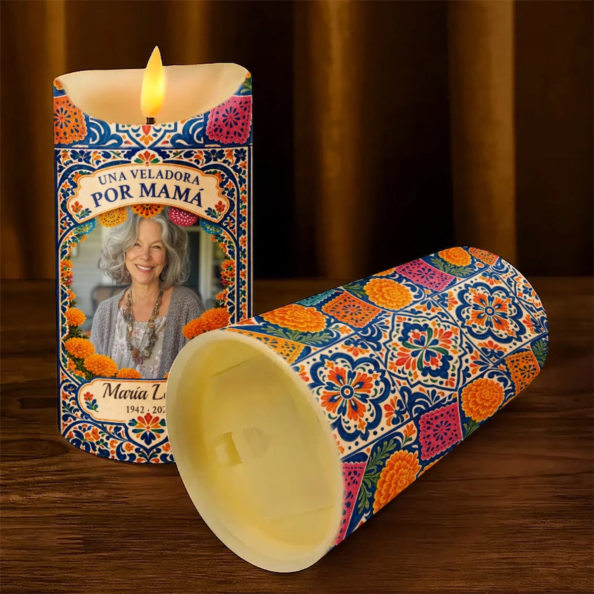 Memorial LED candle for mom shown with its battery compartment underneath