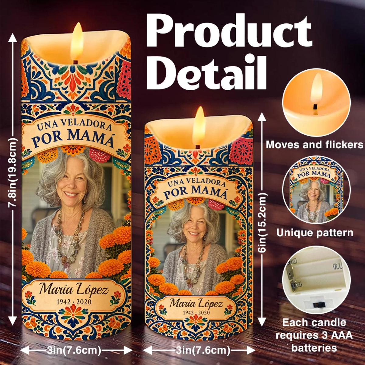 Size chart for mom memorial LED candle in two sizes with AAA batteries
