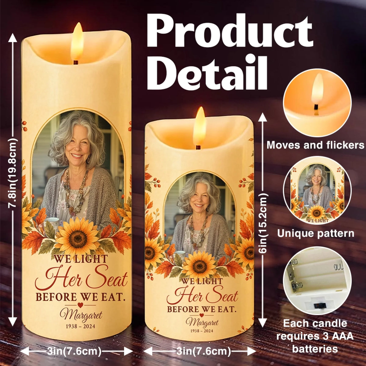 Size chart for Thanksgiving memorial LED candle in two sizes