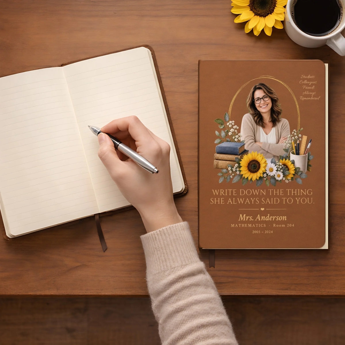 Teacher memorial journal open for writing memories beside the cover