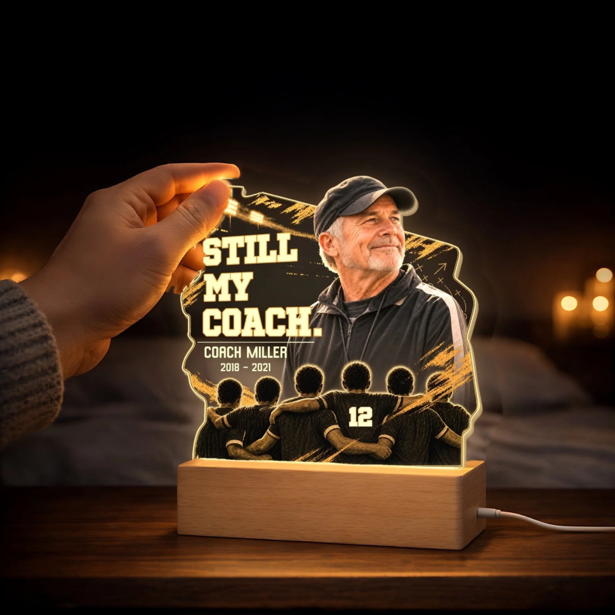 Hand lifting coach memorial night light with team and jersey number
