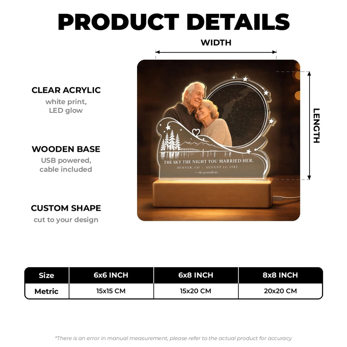 Star map memorial night light size chart with wooden base and USB cable
