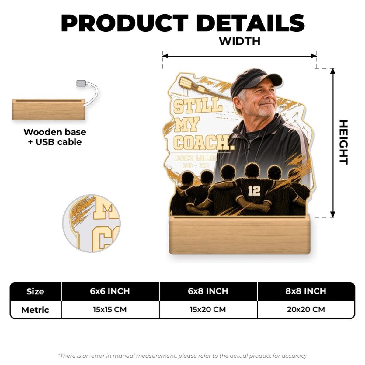 Coach memorial night light size chart with wooden base and USB cable