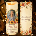 Front and back of Her Seat memorial candle with Love makes a seat line