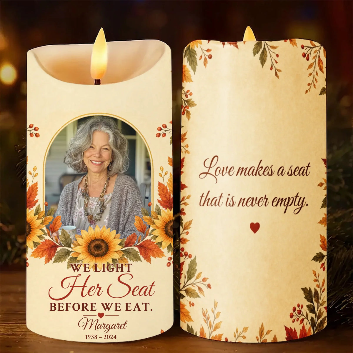 Personalized Thanksgiving memorial LED candle with photo, sunflowers and autumn leaves