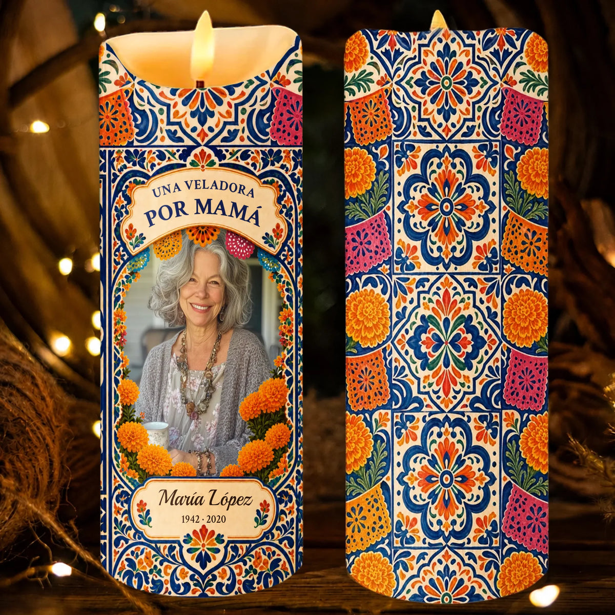 Front and back of Una Veladora Por Mamá memorial candle with marigolds