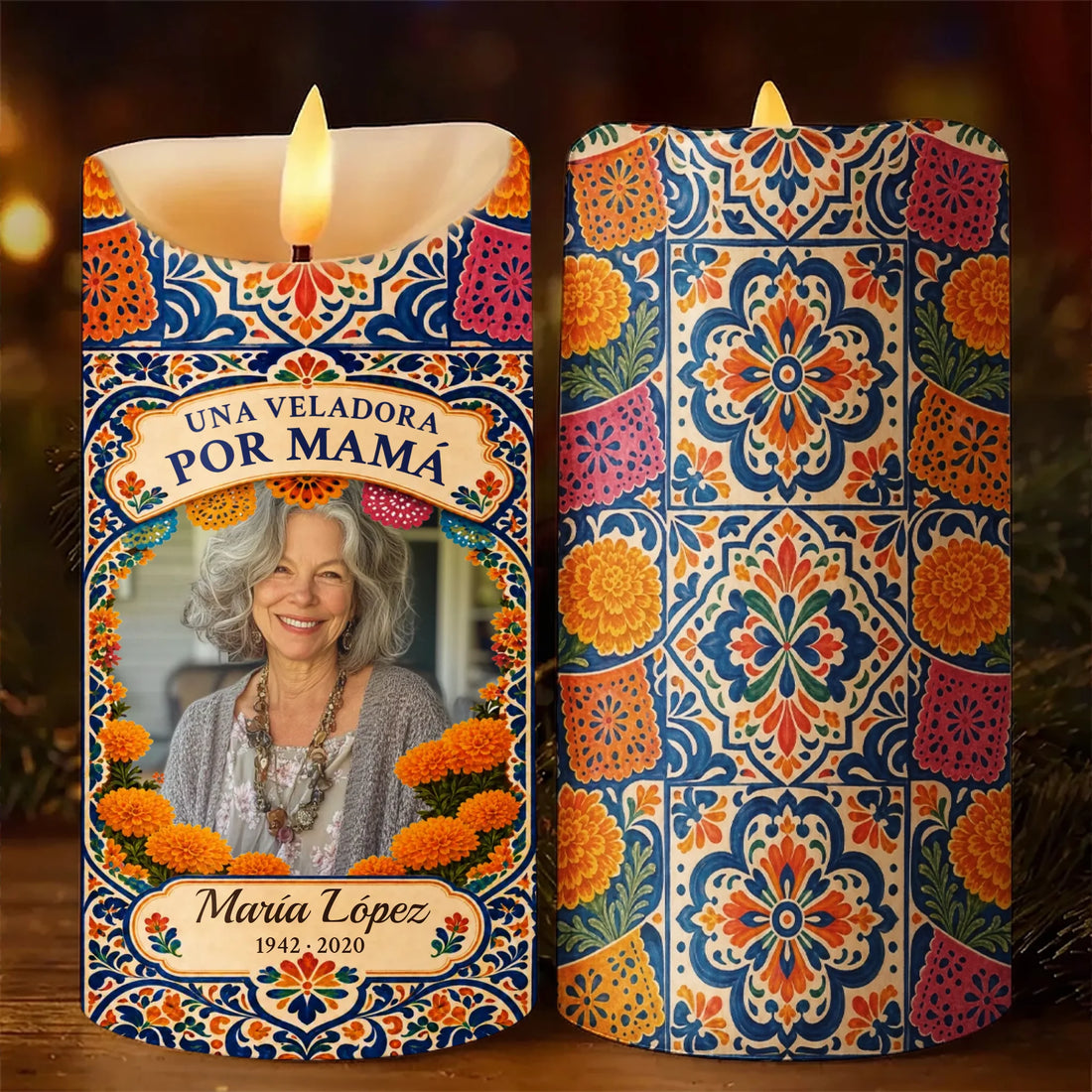 Personalized Spanish mom memorial LED candle with photo and Talavera tiles