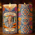 Personalized Spanish mom memorial LED candle with photo and Talavera tiles