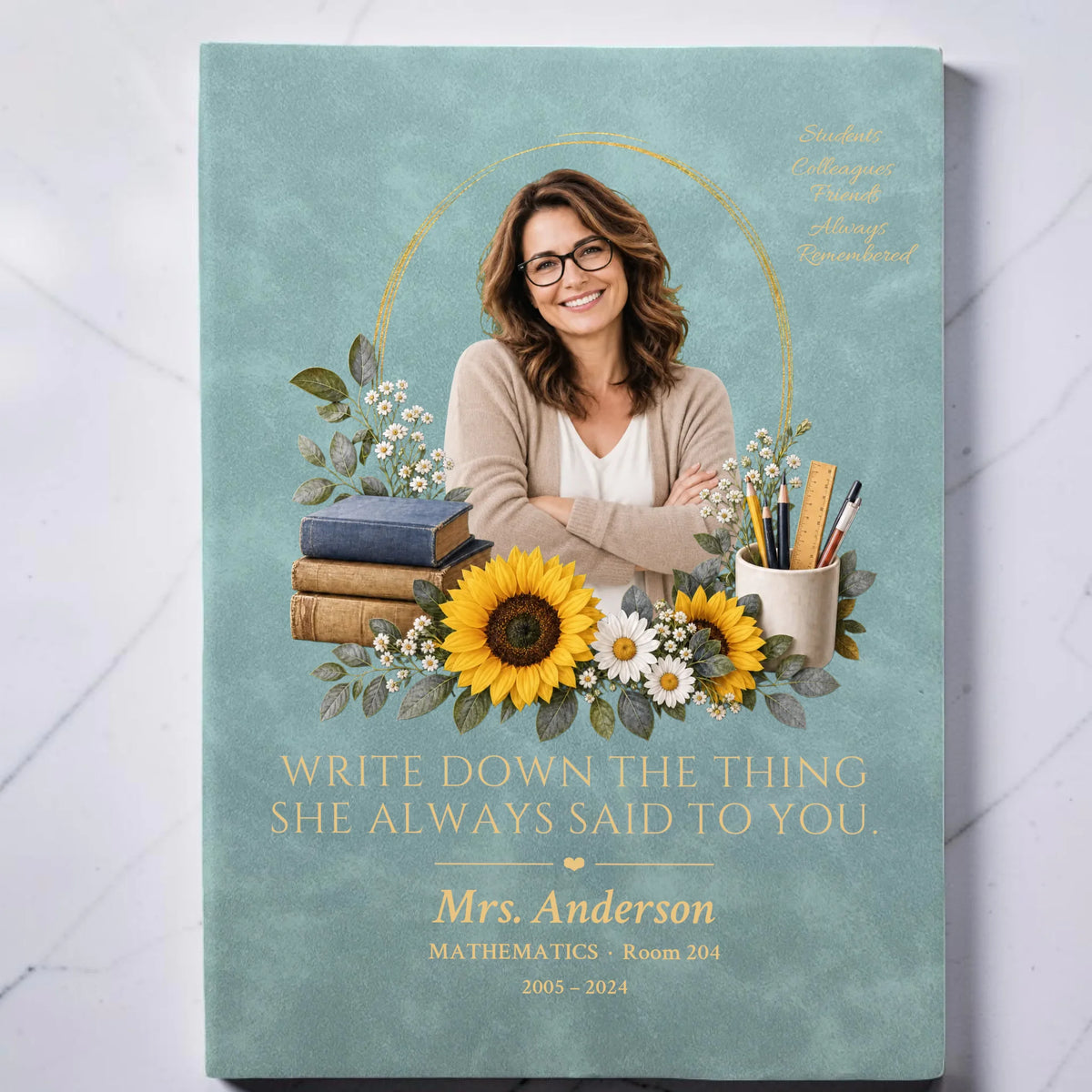 Haze blue teacher memorial journal with photo, sunflowers and name