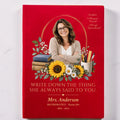 Red teacher memorial journal with photo, quote, name and room