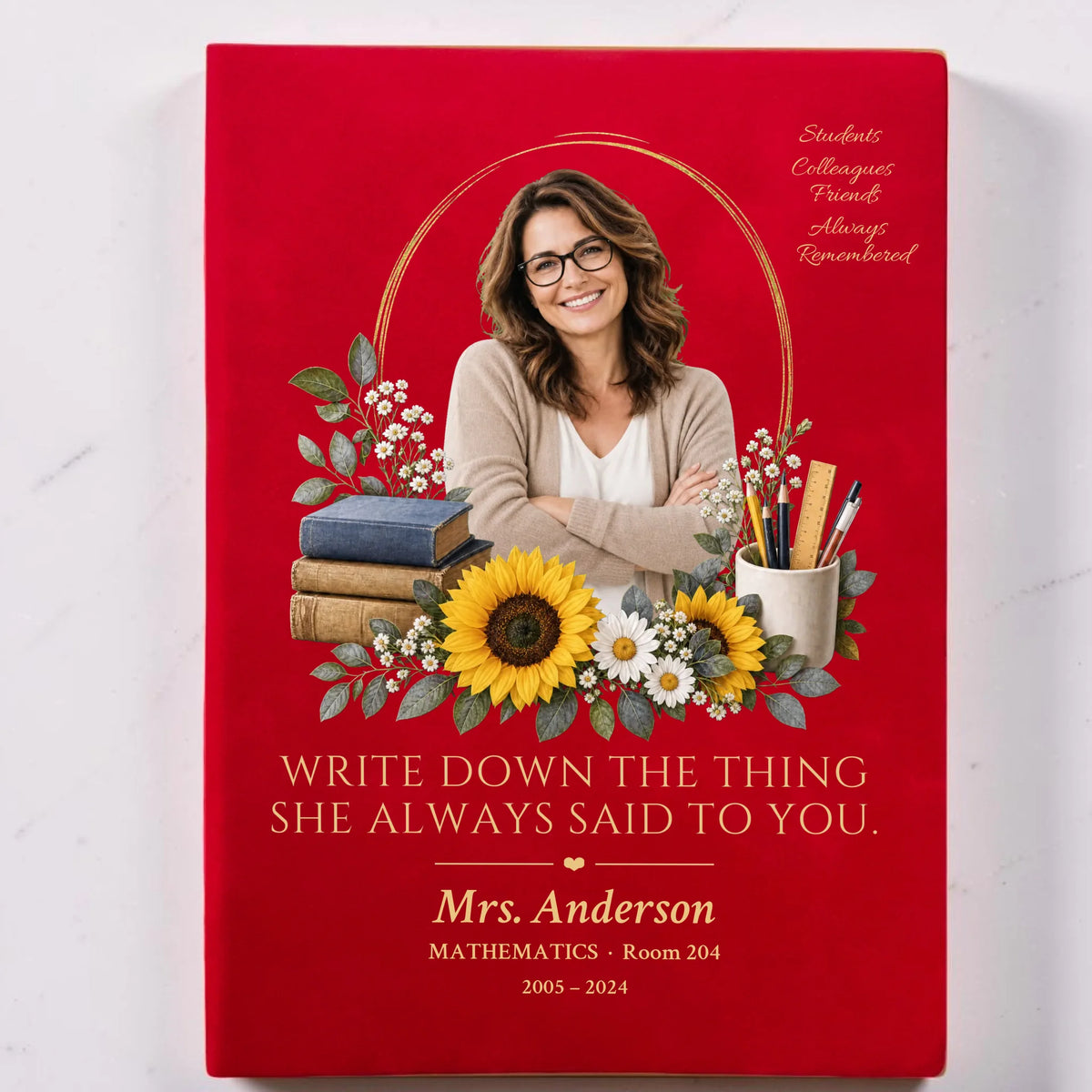Red teacher memorial journal with photo, quote, name and room