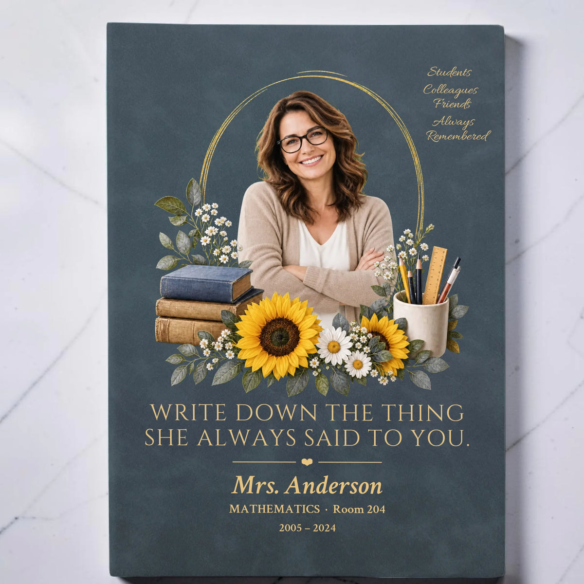 Dark cover teacher memorial journal with photo and subject and room