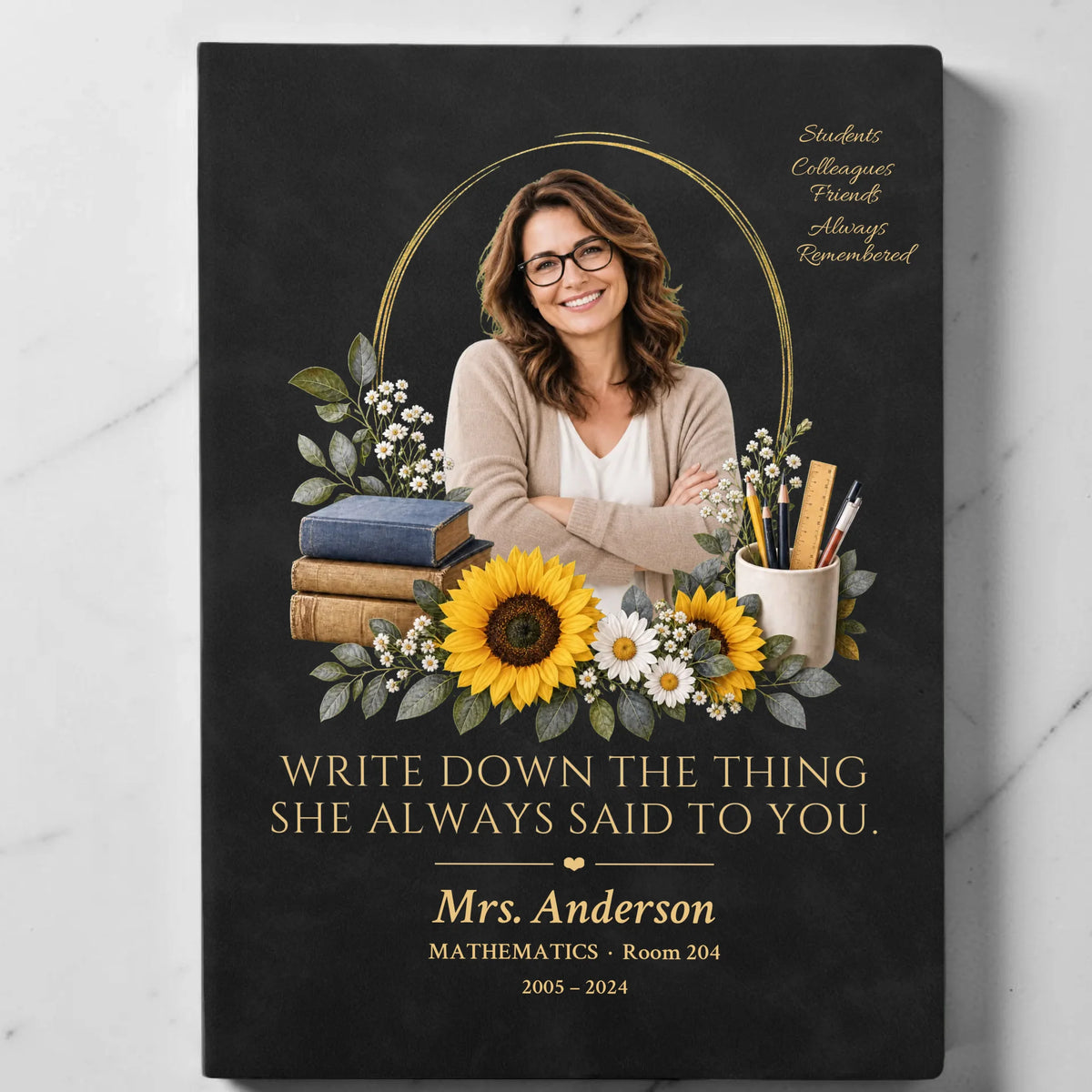 Black teacher memorial leather journal with photo and gold quote