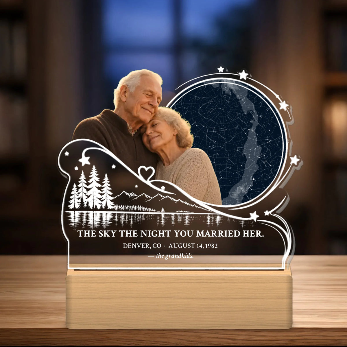 Personalized memorial star map night light for grandpa with couple photo