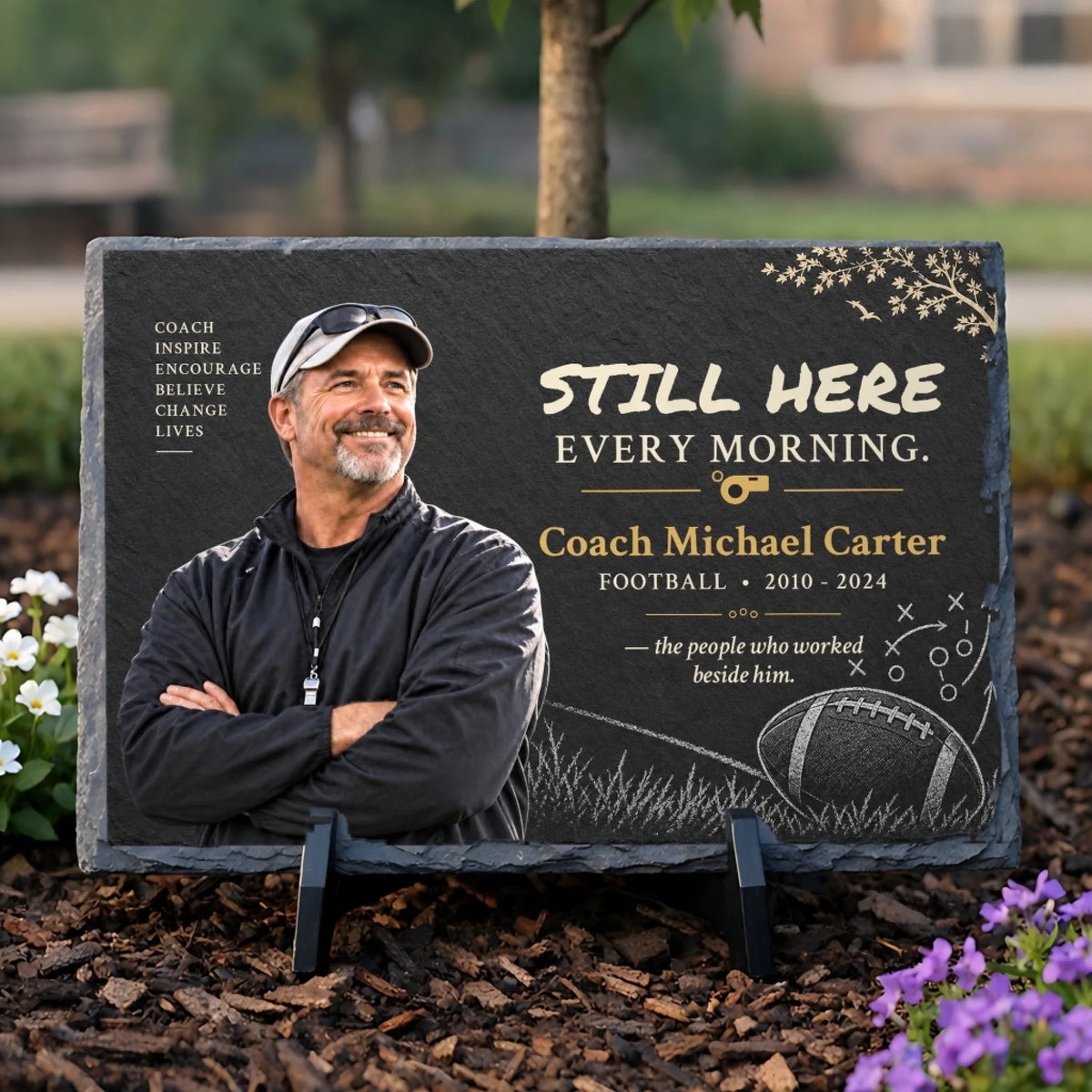 Coach memorial slate garden stone with photo and football chalk drawing on stand