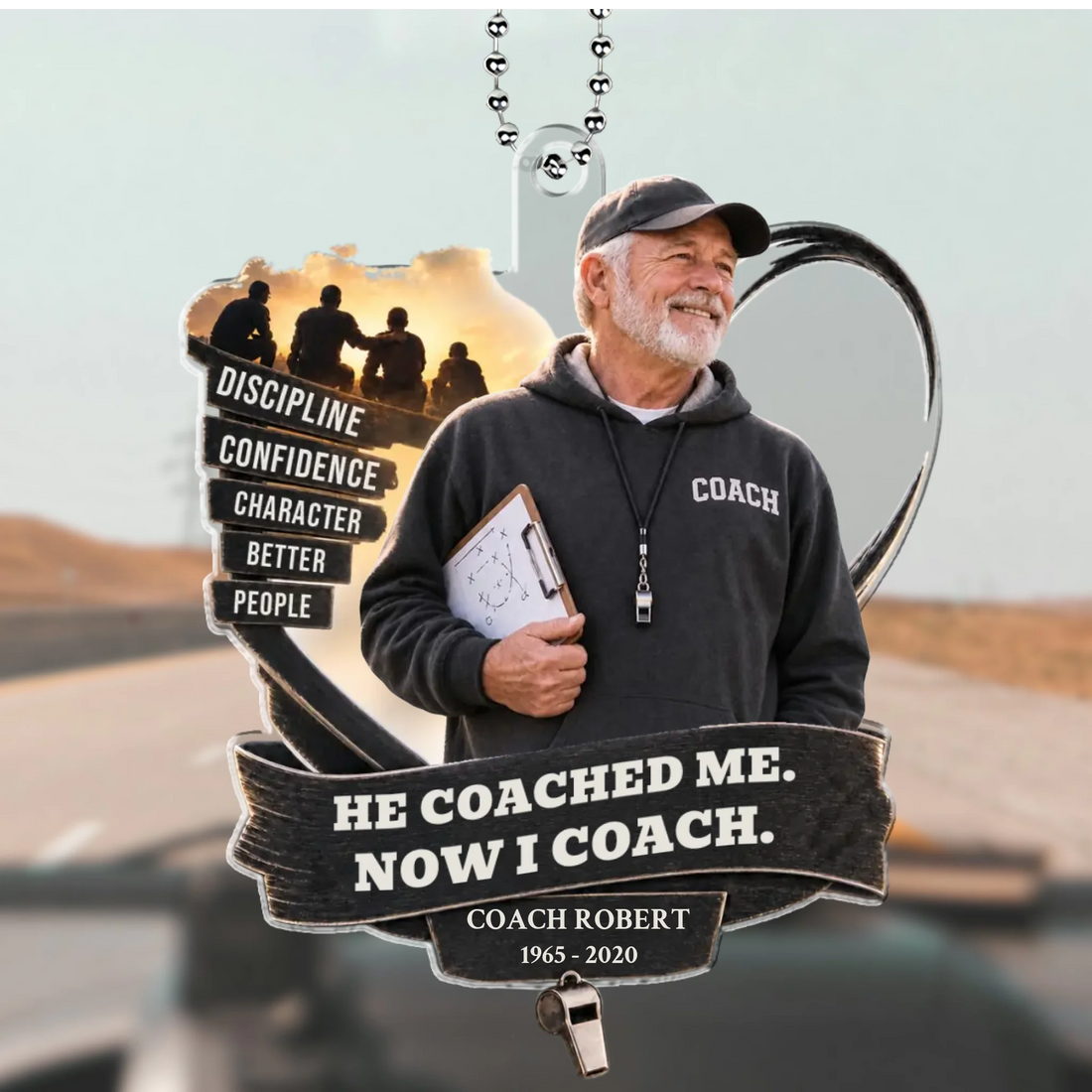 Personalized coach memorial car hanger with photo reading He Coached Me, Now I Coach