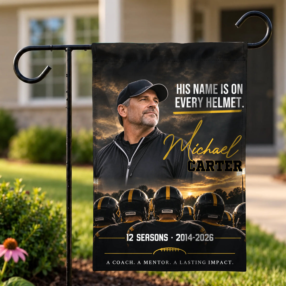 Personalized coach memorial garden flag with photo on a metal stand outdoors