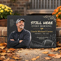 Personalized coach memorial garden stone with photo by autumn flowers and leaves