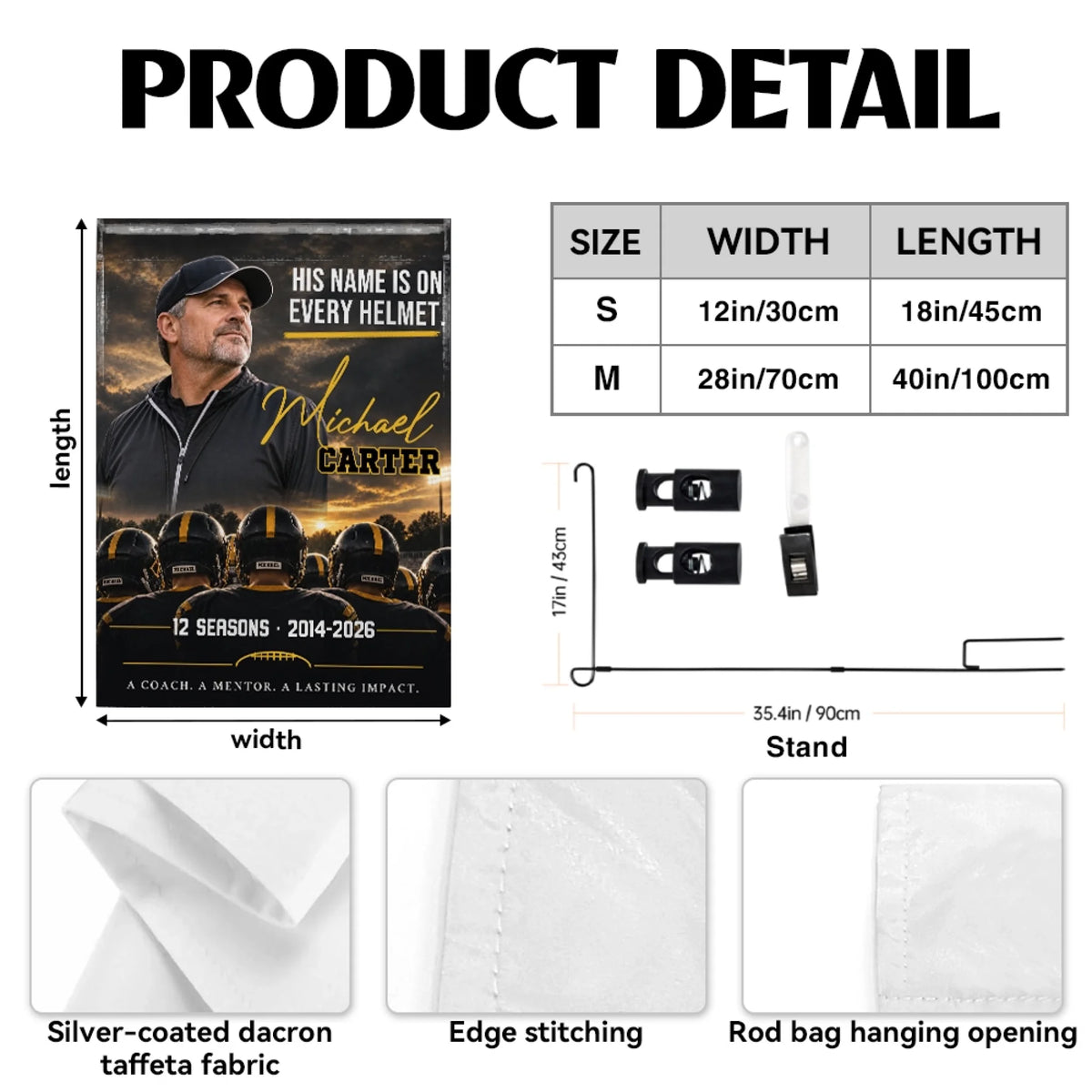 Garden flag details with two sizes, metal stand, fabric and pole sleeve
